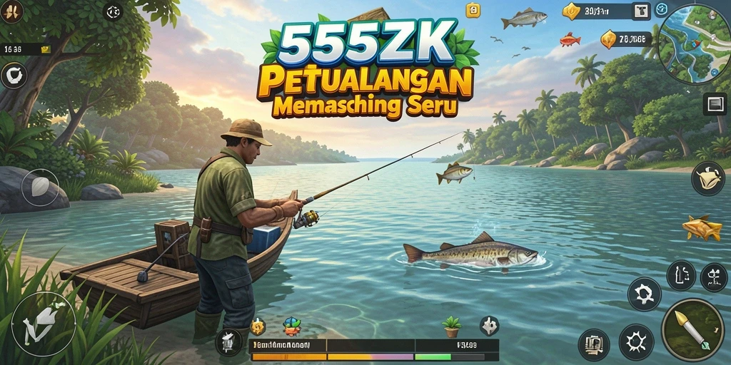 Tampilan gameplay menarik dari 555ZK saat memancing di laut.