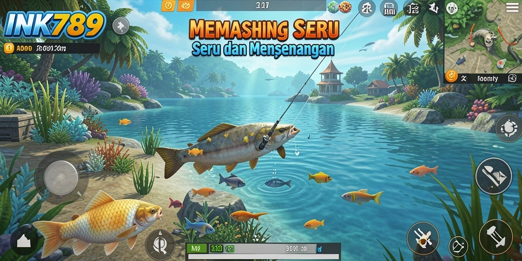 Tampilan gameplay seru dalam INK789 saat menangkap ikan di laut.