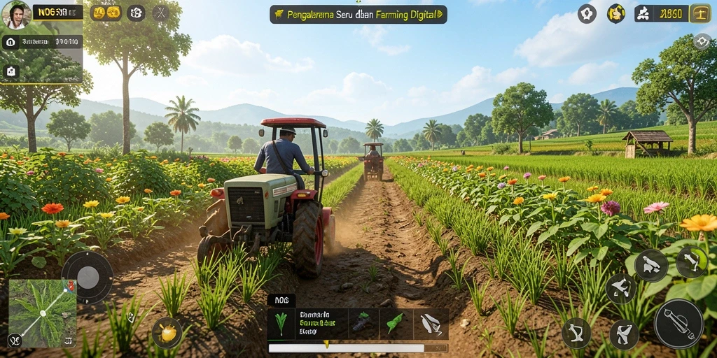 Screenshot gameplay N06 menampilkan ladang subur dan aktivitas bertani yang seru.