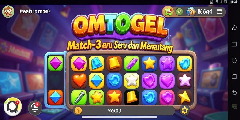 Screenshot gameplay OMTOGEL menampilkan aksi mencocokkan elemen Match-3 yang seru.