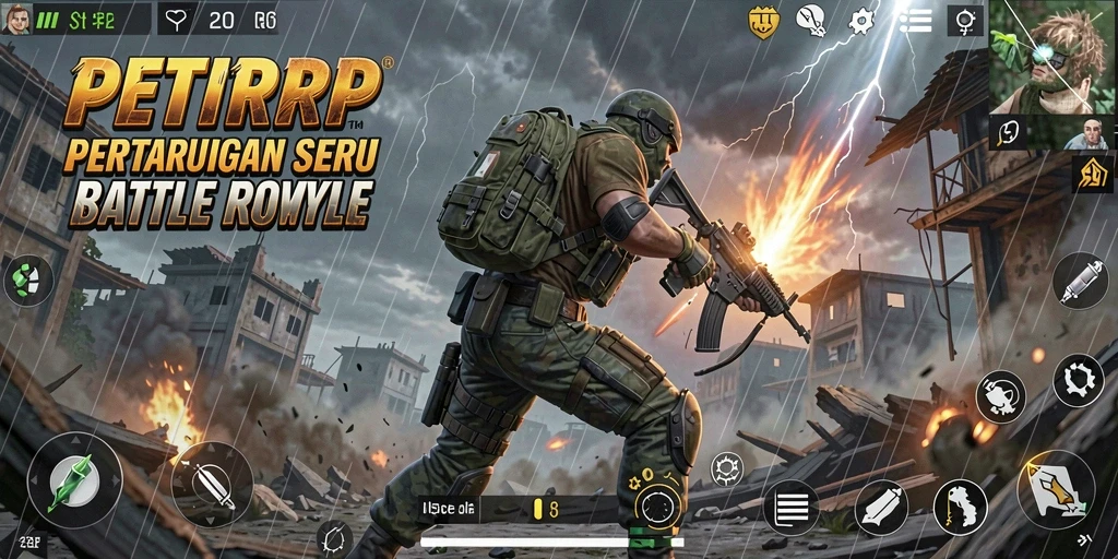 Screenshot dari gameplay PETIRRP menunjukkan intensitas pertempuran Battle Royale.