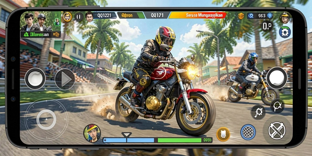 Screenshot menampilkan gameplay seru balapan motor di QQ1221.