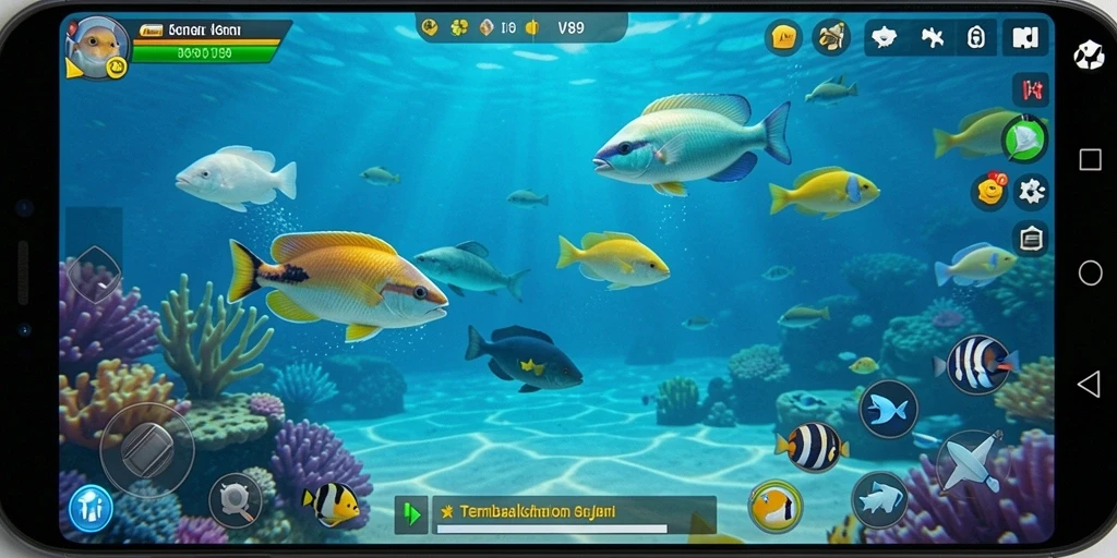 Tampilan gameplay V89 dengan berbagai jenis ikan dan senjata.